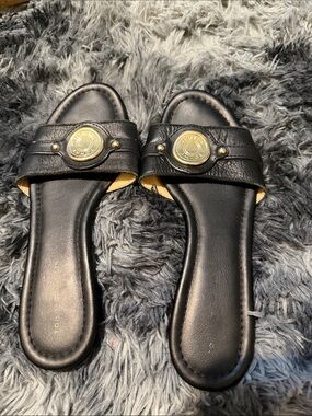 Tommy Hilfiger Black Leather Slide Mules with Gold Medallions